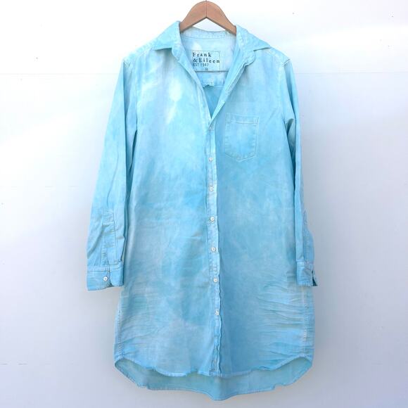 Frank & Eileen Mary Famous Denim Shirtdress Medium Sky Blue Tie Dye Cotton - Picture 2 of 5